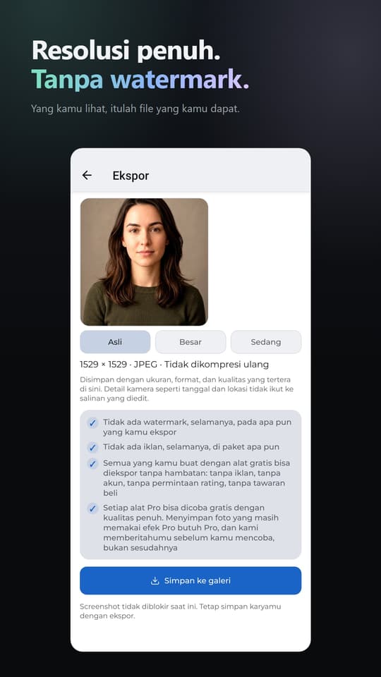 Resolusi penuh. Tanpa watermark. Yang kamu lihat, itulah file yang kamu dapat.