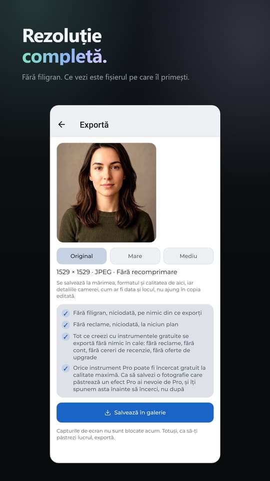 Rezoluție completă. Fără filigran. Ce vezi este fișierul pe care îl primești.