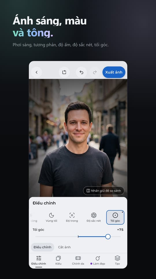 Ánh sáng, màu và tông. Phơi sáng, tương phản, độ ấm, độ sắc nét, tối góc.